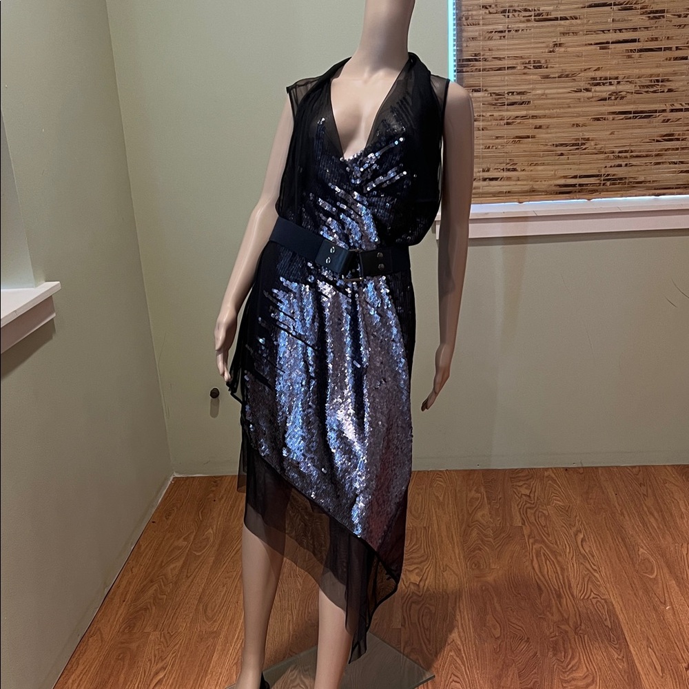 BCBGMaxAzria Runway Glamorous Black and Silver Sequin Dress size M
